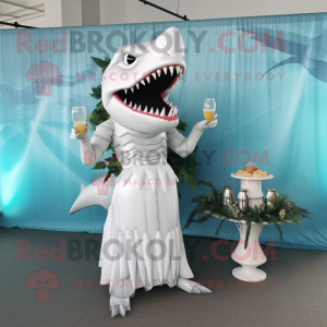 White Megalodon mascot costume character dressed with a Cocktail Dress and Rings