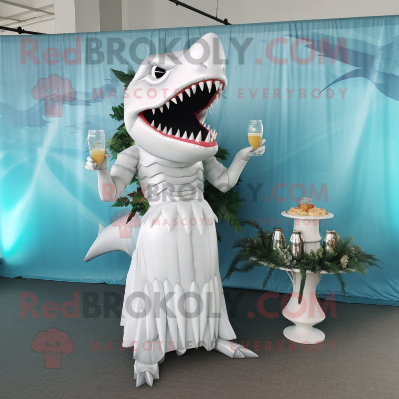 White Megalodon mascot costume character dressed with a Cocktail Dress and Rings White Megalodon mascot costume character dressed with a Cocktail Dress and Rings