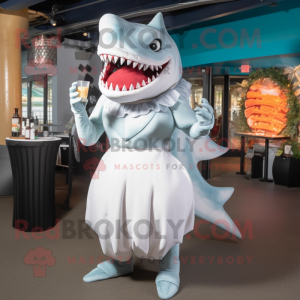 White Megalodon mascot costume character dressed with a Cocktail Dress and Rings