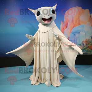 Cream Manta Ray mascot costume character dressed with a Maxi Dress and Shawl pins