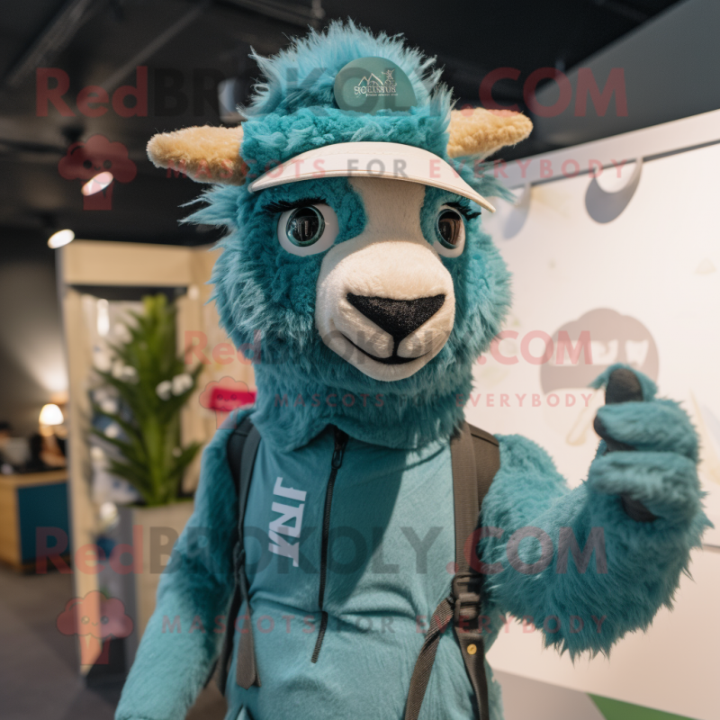 Teal Llama mascot costume character dressed with a Jumpsuit and Hats Teal Llama mascot costume character dressed with a Jumpsuit and Hats