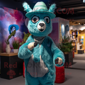 Teal Llama mascot costume character dressed with a Jumpsuit and Hats