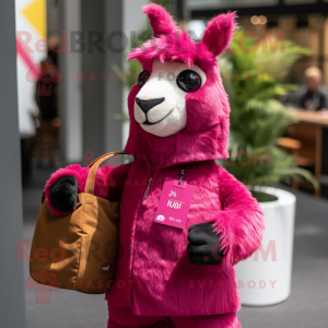 Magenta Llama mascot costume character dressed with a Button-Up Shirt and Tote bags