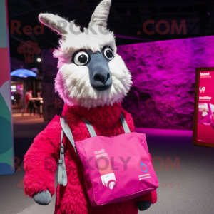 Magenta Llama mascot costume character dressed with a Button-Up Shirt and Tote bags