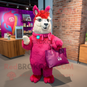 Magenta Llama mascot costume character dressed with a Button-Up Shirt and Tote bags