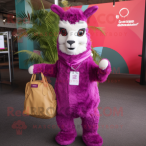 Magenta Llama mascot costume character dressed with a Button-Up Shirt and Tote bags