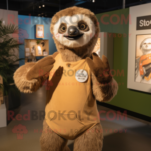 Tan Sloth mascot costume character dressed with a V-Neck Tee and Earrings