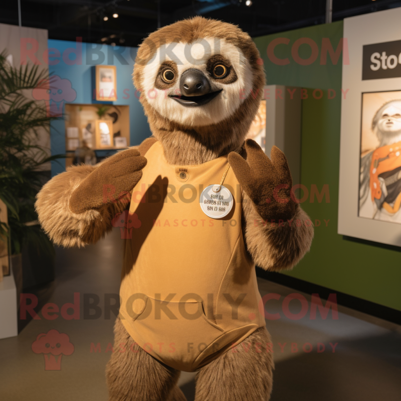 Tan Sloth mascot costume character dressed with a V-Neck Tee and Earrings Tan Sloth mascot costume character dressed with a V-Neck Tee and Earrings
