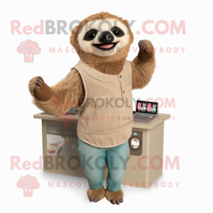 Tan Sloth mascot costume character dressed with a V-Neck Tee and Earrings