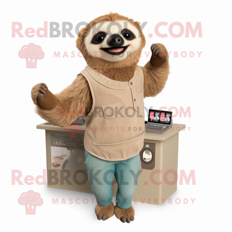 Tan Sloth mascot costume character dressed with a V-Neck Tee and Earrings Tan Sloth mascot costume character dressed with a V-Neck Tee and Earrings