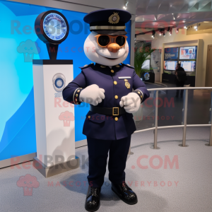 Navy Police Officer mascot costume character dressed with a Waistcoat and Smartwatches