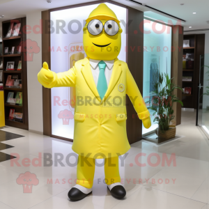 Lemon Yellow Doctor mascot costume character dressed with a Dress Pants and Clutch bags