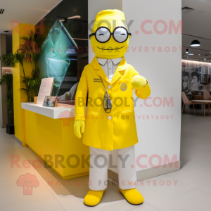 Lemon Yellow Doctor mascot costume character dressed with a Dress Pants and Clutch bags