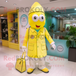 Lemon Yellow Doctor mascot costume character dressed with a Dress Pants and Clutch bags