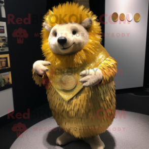 Gold Porcupine mascot costume character dressed with a Wrap Skirt and Coin purses