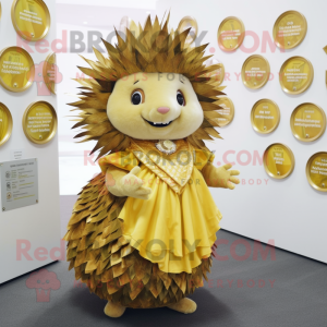 Gold Porcupine mascot costume character dressed with a Wrap Skirt and Coin purses