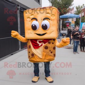 Brown Grilled Cheese Sandwich mascot costume character dressed with a Flare Jeans and Lapel pins