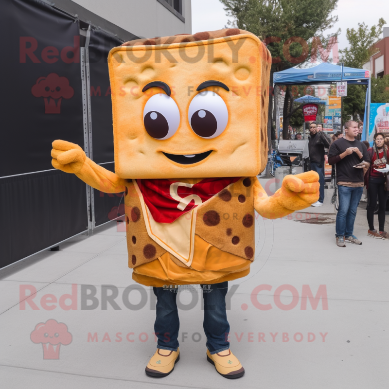 Brown Grilled Cheese Sandwich mascot costume character dressed with a Flare Jeans and Lapel pins Brown Grilled Cheese Sandwich mascot costume character dressed with a Flare Jeans and Lapel pins
