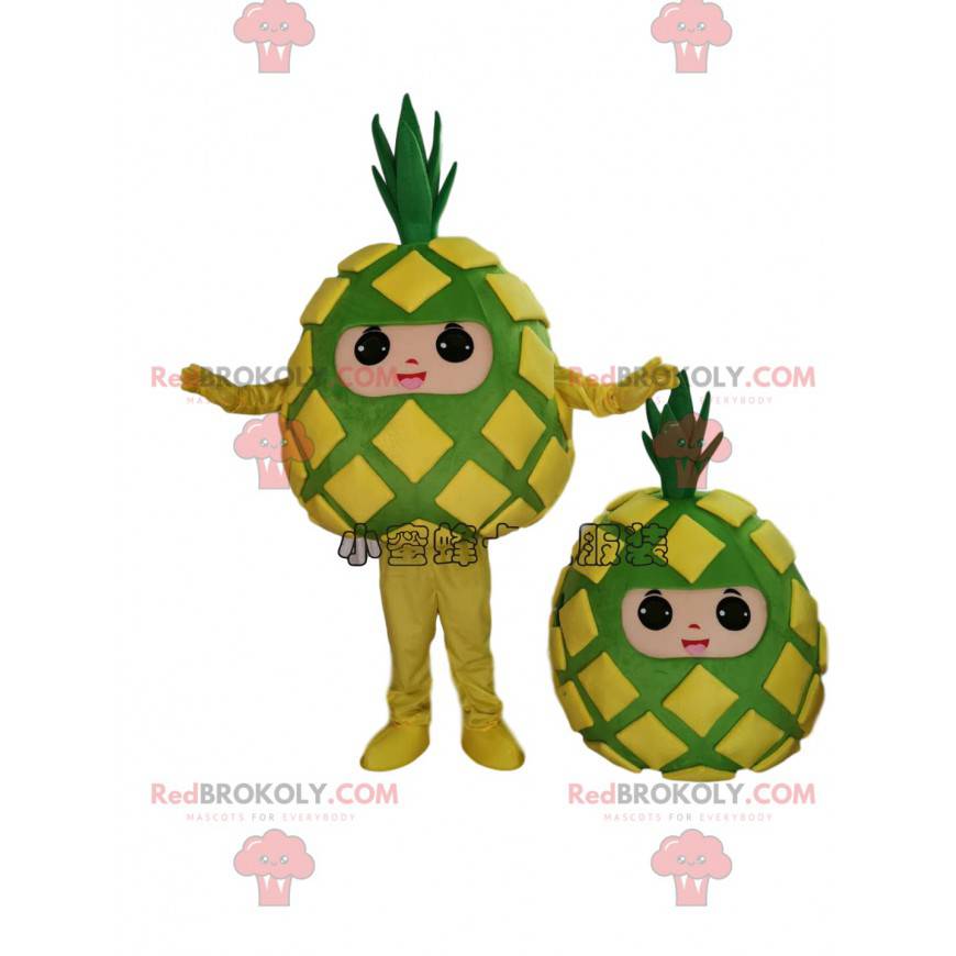 Mascote abacaxi amarelo e verde, fantasia de abacaxi, frutas