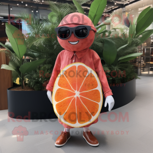 Rust Grapefruit mascot costume character dressed with a Midi Dress and Sunglasses