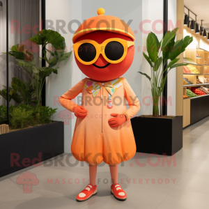 Rust Grapefruit mascot costume character dressed with a Midi Dress and Sunglasses