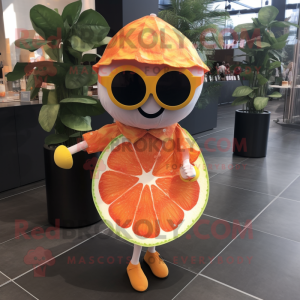 Rust Grapefruit mascot costume character dressed with a Midi Dress and Sunglasses