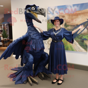 Navy Deinonychus mascot costume character dressed with a Maxi Skirt and Cummerbunds