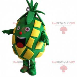 Mascote grande abacaxi verde e amarelo muito sorridente -