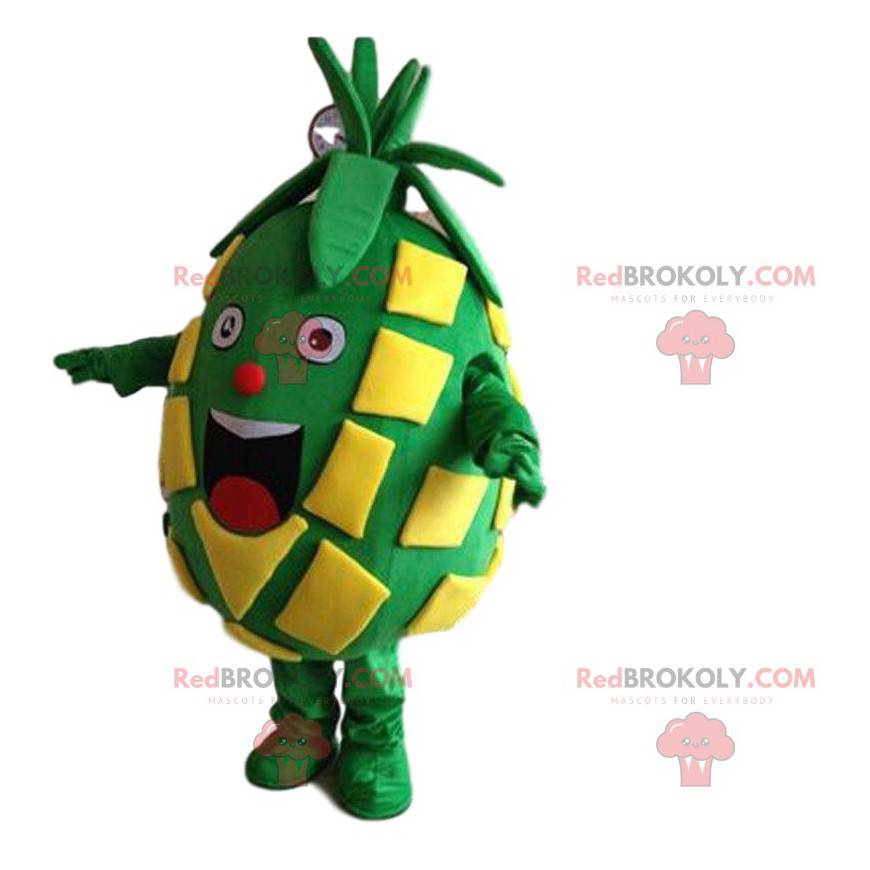 Mascote grande abacaxi verde e amarelo muito sorridente -