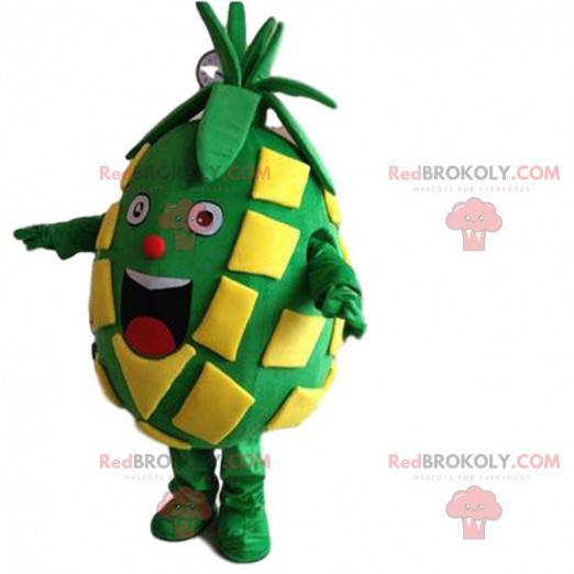 Mascot big green and yellow pineapple very smiling -