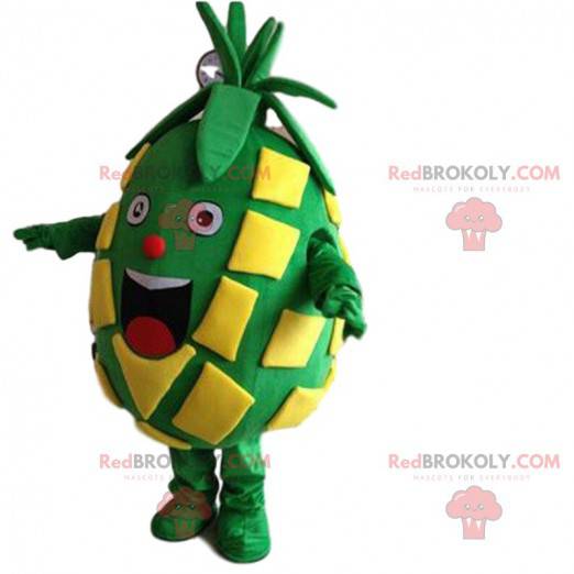 Mascote grande abacaxi verde e amarelo muito sorridente -