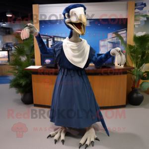 Navy Deinonychus mascot costume character dressed with a Maxi Skirt and Cummerbunds