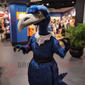 Navy Deinonychus mascot costume character dressed with a Maxi Skirt and Cummerbunds