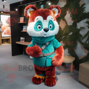 Teal Red Panda mascot costume character dressed with a Corduroy Pants and Beanies