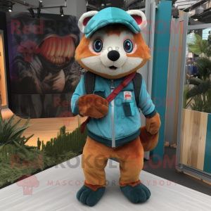 Teal Red Panda mascot costume character dressed with a Corduroy Pants and Beanies