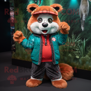 Teal Red Panda mascot costume character dressed with a Corduroy Pants and Beanies