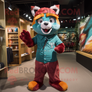 Teal Red Panda mascot costume character dressed with a Corduroy Pants and Beanies