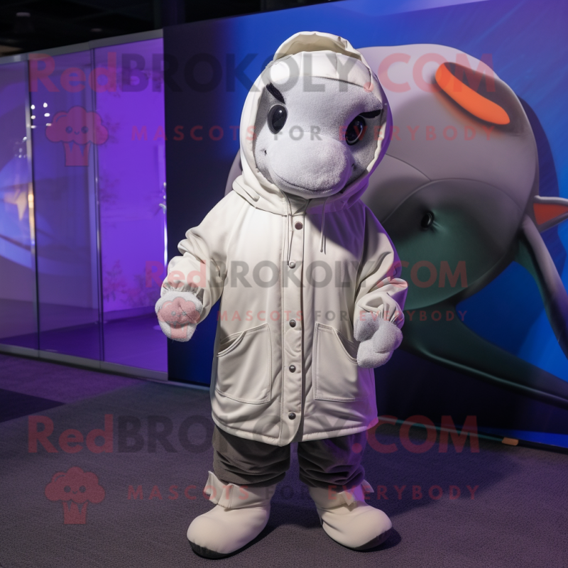 White Dolphin mascot costume character dressed with a Parka and Headbands White Dolphin mascot costume character dressed with a Parka and Headbands