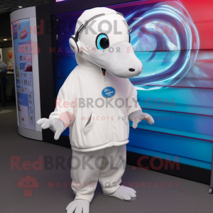 White Dolphin mascot costume character dressed with a Parka and Headbands
