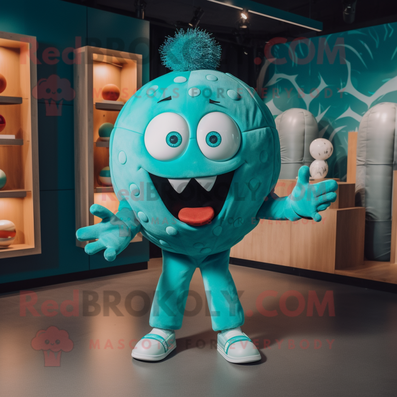 Turquoise Meatballs mascot costume character dressed with a Romper and Clutch bags Turquoise Meatballs mascot costume character dressed with a Romper and Clutch bags