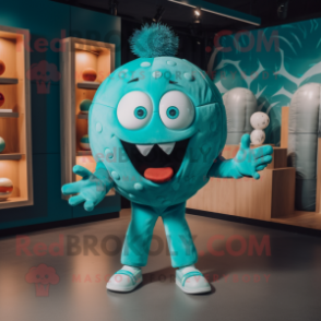 Turquoise Meatballs mascot costume character dressed with a Romper and Clutch bags