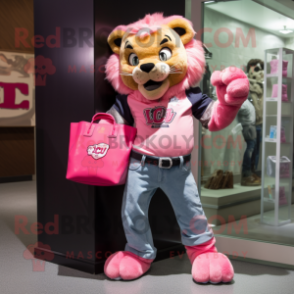 Pink Smilodon mascot costume character dressed with a Jeans and Clutch bags