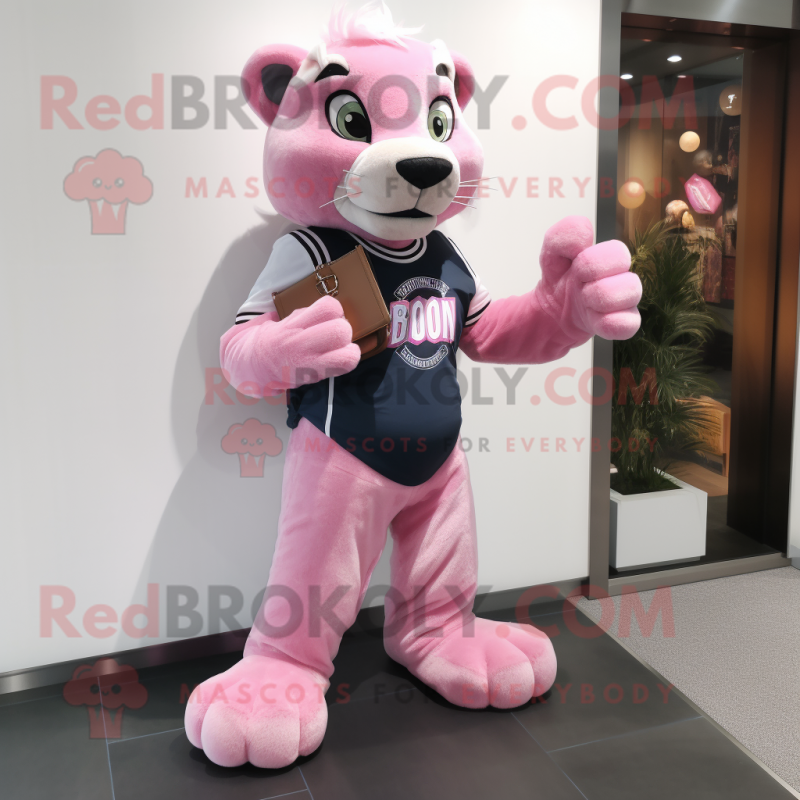 Pink Smilodon mascot costume character dressed with a Jeans and Clutch bags Pink Smilodon mascot costume character dressed with a Jeans and Clutch bags