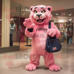 Pink Smilodon mascot costume character dressed with a Jeans and Clutch bags