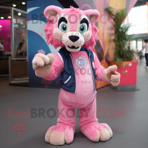 Pink Smilodon mascot costume character dressed with a Jeans and Clutch bags
