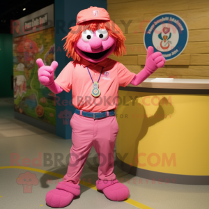 Pink Jambalaya mascot costume character dressed with a Polo Shirt and Necklaces