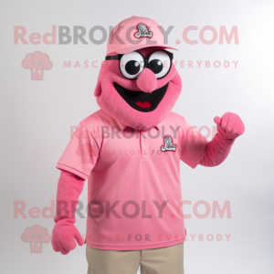 Pink Jambalaya mascot costume character dressed with a Polo Shirt and Necklaces