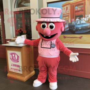Pink Jambalaya mascot costume character dressed with a Polo Shirt and Necklaces