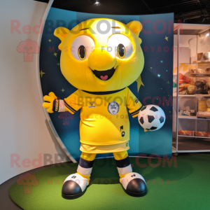 Yellow Soccer Goal mascot costume character dressed with a Rugby Shirt and Belts