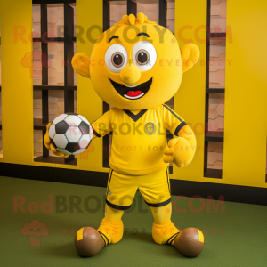 Yellow Soccer Goal mascot costume character dressed with a Rugby Shirt and Belts